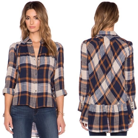 Free People Tops - FREE PEOPLE NAVY PEPPY IN PLAID BUTTON UP SHIRT L